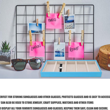 Glasses Organizer Jewelry Tray, 5 Grids Leather Eyeglass Storage Case Sunglass Display Tray and Watch Collection Organizer(Light Blue).