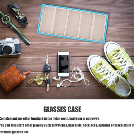 Glasses Organizer Jewelry Tray, 5 Grids Leather Eyeglass Storage Case Sunglass Display Tray and Watch Collection Organizer(Light Blue).