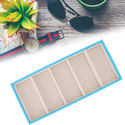 Glasses Organizer Jewelry Tray, 5 Grids Leather Eyeglass Storage Case Sunglass Display Tray and Watch Collection Organizer(Light Blue).