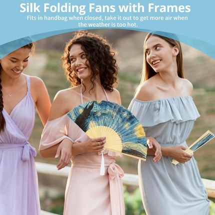 Foldable Hand Fan, 2PCS Held Silk Folding Fan Chinese Handheld with Frames Decorative Starry Night Pattern for Dancing Cosplay Wedding Party Props Decoration.