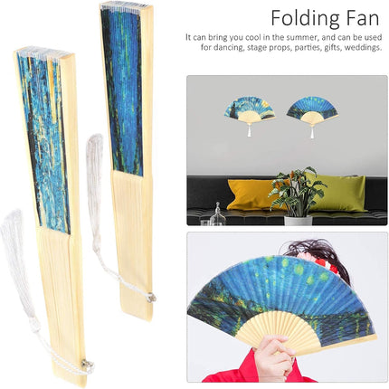 Foldable Hand Fan, 2PCS Held Silk Folding Fan Chinese Handheld with Frames Decorative Starry Night Pattern for Dancing Cosplay Wedding Party Props Decoration.