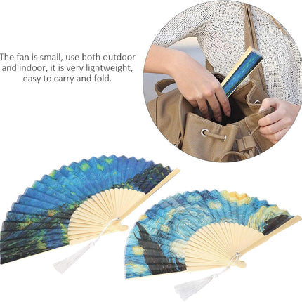 Foldable Hand Fan, 2PCS Held Silk Folding Fan Chinese Handheld with Frames Decorative Starry Night Pattern for Dancing Cosplay Wedding Party Props Decoration.