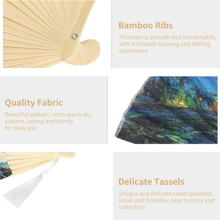 Foldable Hand Fan, 2PCS Held Silk Folding Fan Chinese Handheld with Frames Decorative Starry Night Pattern for Dancing Cosplay Wedding Party Props Decoration.