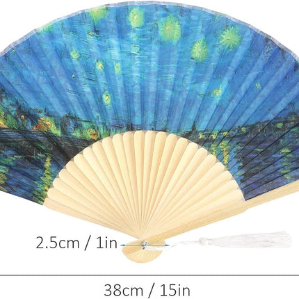 Foldable Hand Fan, 2PCS Held Silk Folding Fan Chinese Handheld with Frames Decorative Starry Night Pattern for Dancing Cosplay Wedding Party Props Decoration.