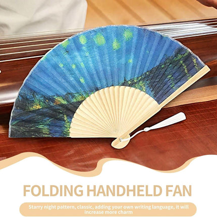 Foldable Hand Fan, 2PCS Held Silk Folding Fan Chinese Handheld with Frames Decorative Starry Night Pattern for Dancing Cosplay Wedding Party Props Decoration.