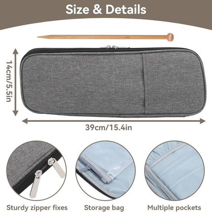 Knitting Needle Case, Travel Zipper Organizer Bag for Straight Needles Dual Crochet Case Supplies Accessories Grey.