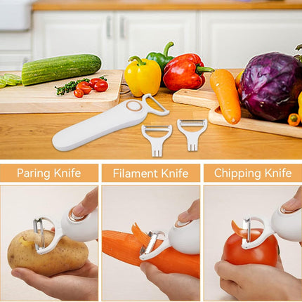 Electric Potato Peeler, Handheld Vegetable Peeler Set with 3 Interchangeable Blade Heads USB Rechargeable Veggie Fruit for Pears, Carrots, Cucumber.