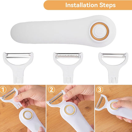 Electric Potato Peeler, Handheld Vegetable Peeler Set with 3 Interchangeable Blade Heads USB Rechargeable Veggie Fruit for Pears, Carrots, Cucumber.