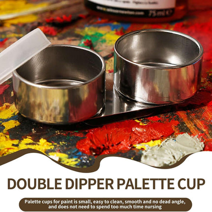 Double Dipper Palette Cup, Stainless Steel Oil Painting Cup with Lid and Clip for Watercolor Gouache Acrylic.