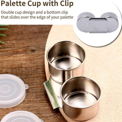 Double Dipper Palette Cup, Stainless Steel Oil Painting Cup with Lid and Clip for Watercolor Gouache Acrylic.