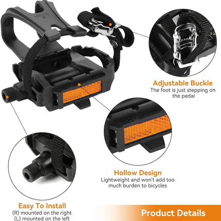 1 Pair Bike Pedals, Pedals with Toe Cages Road Bicycle Clip Adjustable Clips Straps for Wide Shoes Indoor Outdoor Cycling.