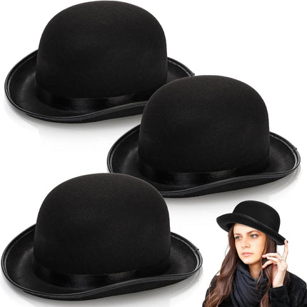 3 Pack Bowler Hat, 23" C Black Derby Felt Bolivian Costume Hat Accessories, Victorian Dress Up for Men and Women, Adults.