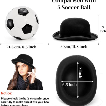 3 Pack Bowler Hat, 23" C Black Derby Felt Bolivian Costume Hat Accessories, Victorian Dress Up for Men and Women, Adults.