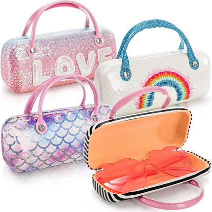 4 Pack Kids Eyeglass Case, Hard Shell Sunglasses Pouch with Handle, Sparkle Glitter Protective Glasses Dazzling Eyeglasses Purse for Women Girls Boys, Makeup Storage Bag Various Pattern.