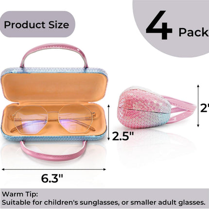 4 Pack Kids Eyeglass Case, Hard Shell Sunglasses Pouch with Handle, Sparkle Glitter Protective Glasses Dazzling Eyeglasses Purse for Women Girls Boys, Makeup Storage Bag Various Pattern.