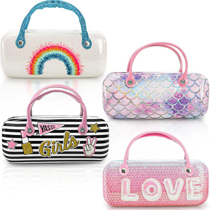 4 Pack Kids Eyeglass Case, Hard Shell Sunglasses Pouch with Handle, Sparkle Glitter Protective Glasses Dazzling Eyeglasses Purse for Women Girls Boys, Makeup Storage Bag Various Pattern.