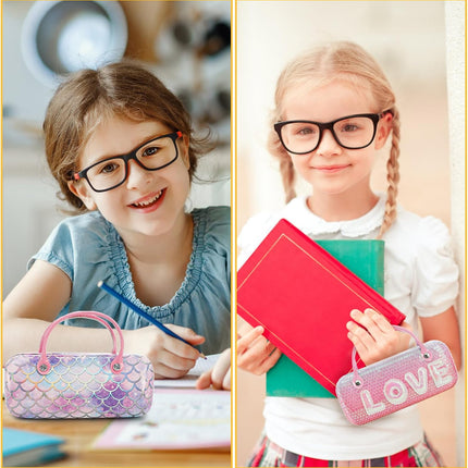 4 Pack Kids Eyeglass Case, Hard Shell Sunglasses Pouch with Handle, Sparkle Glitter Protective Glasses Dazzling Eyeglasses Purse for Women Girls Boys, Makeup Storage Bag Various Pattern.