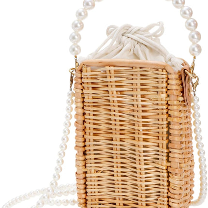 Pearl Basket Purse, Handwoven Rattan Beach Bag For Women, Rectangular Wicker Handbag, Vintage Summer Straw Tote.