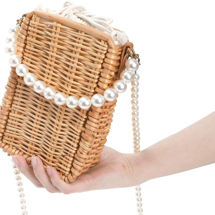 Pearl Basket Purse, Handwoven Rattan Beach Bag For Women, Rectangular Wicker Handbag, Vintage Summer Straw Tote.