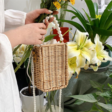 Pearl Basket Purse, Handwoven Rattan Beach Bag For Women, Rectangular Wicker Handbag, Vintage Summer Straw Tote.