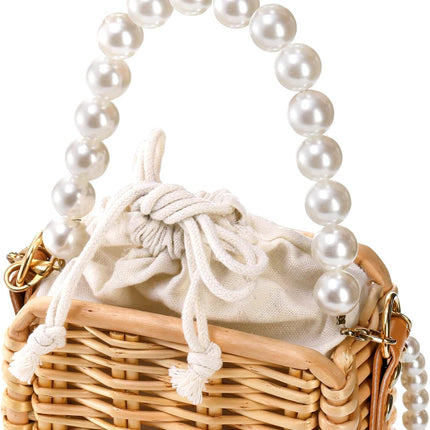 Pearl Basket Purse, Handwoven Rattan Beach Bag For Women, Rectangular Wicker Handbag, Vintage Summer Straw Tote.