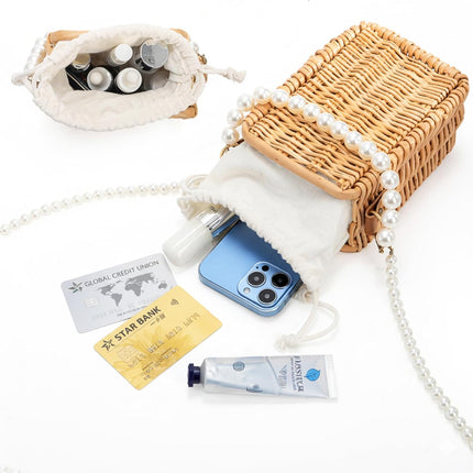 Pearl Basket Purse, Handwoven Rattan Beach Bag For Women, Rectangular Wicker Handbag, Vintage Summer Straw Tote.