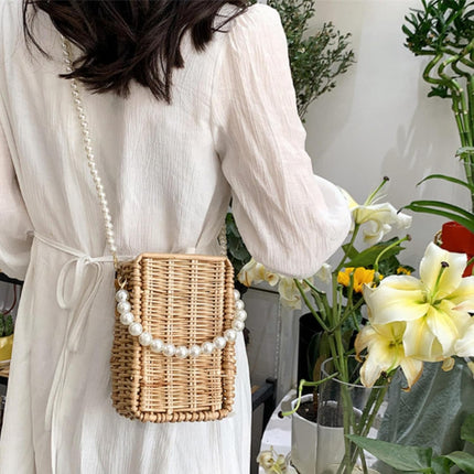 Pearl Basket Purse, Handwoven Rattan Beach Bag For Women, Rectangular Wicker Handbag, Vintage Summer Straw Tote.