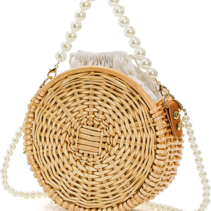 Round Rattan Bag, 8" Hand-woven Wicker Basket Purse, Boho Crossbody Handbag With Pearl Strap Handle, Retro Summer Beach Straw Tote Clutch for Women.