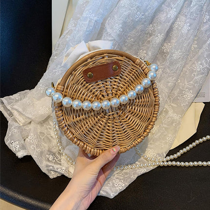 Round Rattan Bag, 8" Hand-woven Wicker Basket Purse, Boho Crossbody Handbag With Pearl Strap Handle, Retro Summer Beach Straw Tote Clutch for Women.