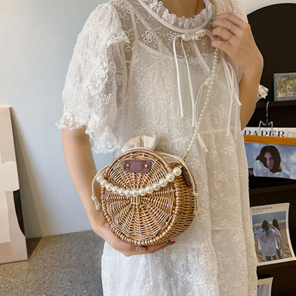Round Rattan Bag, 8" Hand-woven Wicker Basket Purse, Boho Crossbody Handbag With Pearl Strap Handle, Retro Summer Beach Straw Tote Clutch for Women.