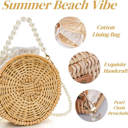 Round Rattan Bag, 8" Hand-woven Wicker Basket Purse, Boho Crossbody Handbag With Pearl Strap Handle, Retro Summer Beach Straw Tote Clutch for Women.