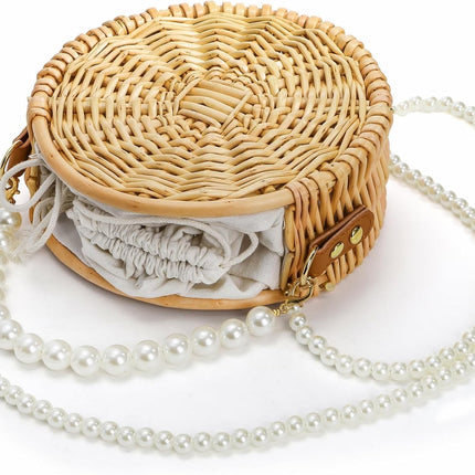 Round Rattan Bag, 8" Hand-woven Wicker Basket Purse, Boho Crossbody Handbag With Pearl Strap Handle, Retro Summer Beach Straw Tote Clutch for Women.