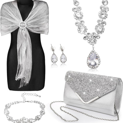 5 Pack Rhinestone Jewelry Sets for Women, Sparkling Shawls and Wraps with Buckle Formal Dresses, Earrings Necklace Bracelet Evening Purses Wedding Party Wear Bride Bridesmaid, Silver.
