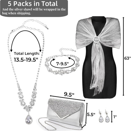 5 Pack Rhinestone Jewelry Sets for Women, Sparkling Shawls and Wraps with Buckle Formal Dresses, Earrings Necklace Bracelet Evening Purses Wedding Party Wear Bride Bridesmaid, Silver.