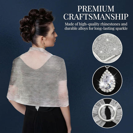 5 Pack Rhinestone Jewelry Sets for Women, Sparkling Shawls and Wraps with Buckle Formal Dresses, Earrings Necklace Bracelet Evening Purses Wedding Party Wear Bride Bridesmaid, Silver.