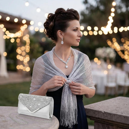 5 Pack Rhinestone Jewelry Sets for Women, Sparkling Shawls and Wraps with Buckle Formal Dresses, Earrings Necklace Bracelet Evening Purses Wedding Party Wear Bride Bridesmaid, Silver.
