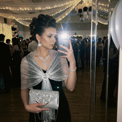 5 Pack Rhinestone Jewelry Sets for Women, Sparkling Shawls and Wraps with Buckle Formal Dresses, Earrings Necklace Bracelet Evening Purses Wedding Party Wear Bride Bridesmaid, Silver.