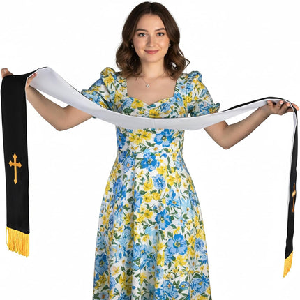 1 Pack Wedding Reversible Stole with Tassels, 75 Inch Clergy Mass Stoles Cross, White Embroidered Priest Sash Stole, Pastor Shawl for Officiant Robe Cassock.