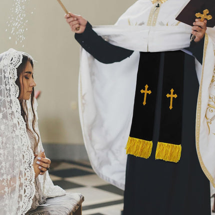 1 Pack Wedding Reversible Stole with Tassels, 75 Inch Clergy Mass Stoles Cross, White Embroidered Priest Sash Stole, Pastor Shawl for Officiant Robe Cassock.