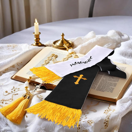 1 Pack Wedding Reversible Stole with Tassels, 75 Inch Clergy Mass Stoles Cross, White Embroidered Priest Sash Stole, Pastor Shawl for Officiant Robe Cassock.