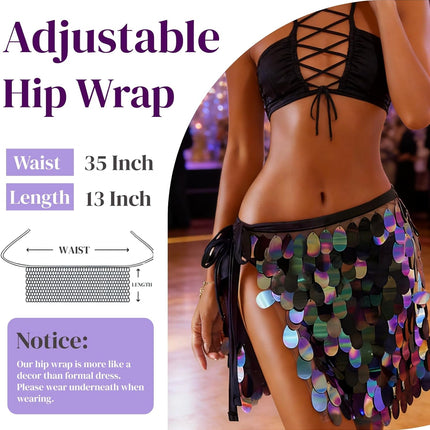 Belly Hip Scarf for Women, Adjustable Big Sequin Mermaid Skirt, Sparkly Fish Scale Mini Black Glitter Disco Ball Wrap, Halloween Costume Outfit New Year Eve Rave Party.