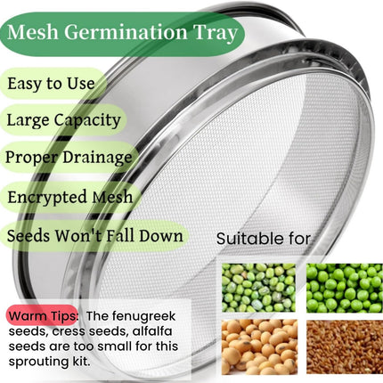 9" Stackable Stainless Steel Seed Sprouting Kit, 3-Tier Mesh Germination Tray, Sprout Grower with Lid Base, Microgreens Propagator for Beans Peas Broccoli Wheat Grass, Soil Free.