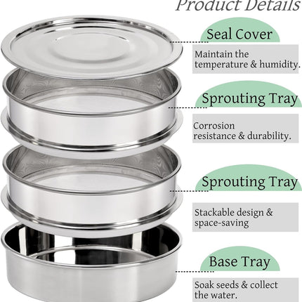 9" Stackable Stainless Steel Seed Sprouting Kit, 3-Tier Mesh Germination Tray, Sprout Grower with Lid Base, Microgreens Propagator for Beans Peas Broccoli Wheat Grass, Soil Free.