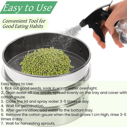 9" Stackable Stainless Steel Seed Sprouting Kit, 3-Tier Mesh Germination Tray, Sprout Grower with Lid Base, Microgreens Propagator for Beans Peas Broccoli Wheat Grass, Soil Free.