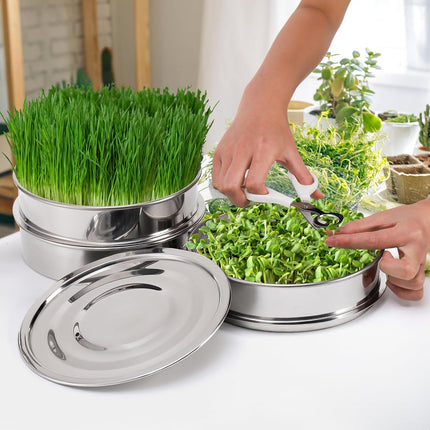 9" Stackable Stainless Steel Seed Sprouting Kit, 3-Tier Mesh Germination Tray, Sprout Grower with Lid Base, Microgreens Propagator for Beans Peas Broccoli Wheat Grass, Soil Free.