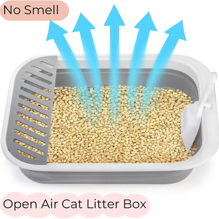 Collapsible Small Cat Litter Box, 17.7'' Open Foldable Kittens Potty with Scoop, Shallow Anti Splash Travel Toilet, Semi Enclosed Height Adjustable Sides Pan for Sick Frail Grey.