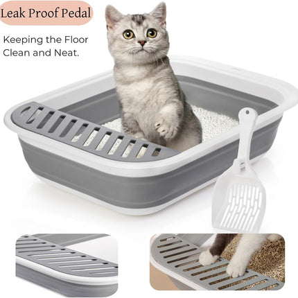 Collapsible Small Cat Litter Box, 17.7'' Open Foldable Kittens Potty with Scoop, Shallow Anti Splash Travel Toilet, Semi Enclosed Height Adjustable Sides Pan for Sick Frail Grey.