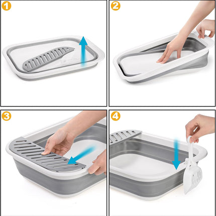 Collapsible Small Cat Litter Box, 17.7'' Open Foldable Kittens Potty with Scoop, Shallow Anti Splash Travel Toilet, Semi Enclosed Height Adjustable Sides Pan for Sick Frail Grey.