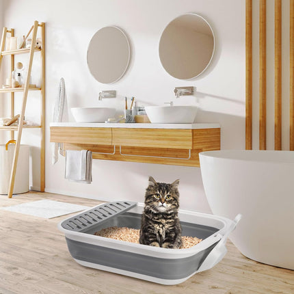 Collapsible Small Cat Litter Box, 17.7'' Open Foldable Kittens Potty with Scoop, Shallow Anti Splash Travel Toilet, Semi Enclosed Height Adjustable Sides Pan for Sick Frail Grey.