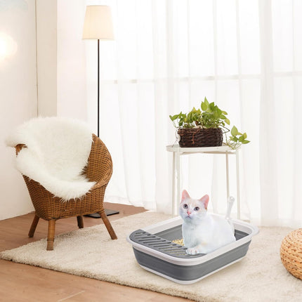 Collapsible Small Cat Litter Box, 17.7'' Open Foldable Kittens Potty with Scoop, Shallow Anti Splash Travel Toilet, Semi Enclosed Height Adjustable Sides Pan for Sick Frail Grey.